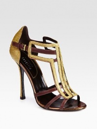 Snakeskin and leather straps form a geometric pattern, concluding with an adjustable ankle strap and metallic leather trim. Self-covered heel, 4½ (115mm)Leather, metallic leather and snakeskin upperLeather lining and solePadded insoleMade in ItalyOUR FIT MODEL RECOMMENDS ordering one size up as this style runs small. 
