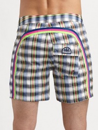 Comfortable, quick dry trunks have a lace-up waist and signature rainbow detail across the back and down the leg. Drawstring waist Grip-tape fly Back flap pocket with grip-tape closure Partial lining Inseam, about 7 Polyester Machine wash Imported 