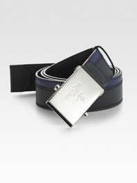 Two-tone design with Prada engraved metal plaque buckle. About 1¼ wide Made in Italy