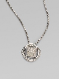 From the Infinity Collection. Gracefully intertwining bands of sterling silver, one cabled, one smooth, surround a center of radiant pavé diamonds that suspends from a silver box chain. Diamonds, 0.18 tcw Sterling silver Chain length, about 17 Pendant diameter, about ½ Lobster clasp Imported