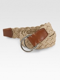 EXCLUSIVELY OURS. Supreme style for the casual man, carefully woven in linen with a steel O-ring buckle. Leather cookie point Steel O-ring buckle About 1¼ wide Made in USA 