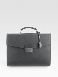 Saffiano leather double-gusset briefcase. Top handle Front push-lock closure with key lock Leather 14½W X 11H X 2½D Made in Italy 