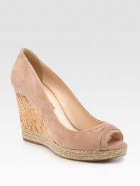 Suede style with a cork wedge and espadrille detail. Cork and hemp wedge, 4 (100mm)Cork and hemp platform, 1 (25mm)Compares to a 3 heel (75mm)Suede upperLeather liningRubber solePadded insoleImported