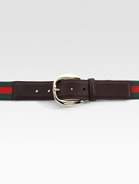 Leather with signature web and rounded, engraved buckle. Green/red/green web Light gold hardware About 1½ wide Made in Italy 