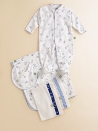 Baby's best friend scampers all over this pima cotton long sleeve sleeper. Snap front and legs Scallop trim Machine wash Imported