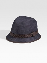 Denim fedora with braided leather trim. Embossed script logo Made in Italy 