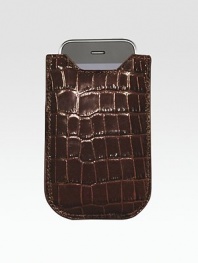 A sleek and compact case in croco-embossed leather, specially designed for all iPhones and newer BlackBerry models. Shammy-cloth lining securely hold your phone in place. Fits all iPhones and new BlackBerry models Leather 3½W X 5H Made in USA 