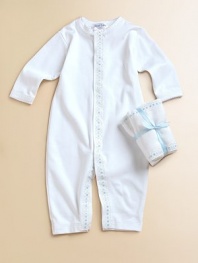 The softest cotton one-piece, decorated with adorable blue dot trim.Snap closuresLong sleevesPicot edgingMachine washCottonImported