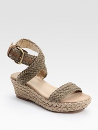 Hand-crochet cotton espadrille with adjustable ankle straps and a slight wedge. Natural jute wedge, 2½ (65mm) Platform, 1½ (40mm) Compares to a 1 heel (25mm) Hand-crochet cotton upper Leather lining Rubber sole Padded insole Imported