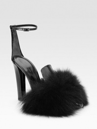 Glossy patent leather style with a luxe fox-fur toe detail, secured by an ankle strap. Self-covered heel, 4¼ (110mm) Patent leather upper Fox-fur toe detail Leather lining and sole Padded insole Imported