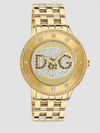 An eye-catching timepiece sparked with Swarovski crystals with a woven link bracelet and a golden finish. Quartz movement IP (ionic plating) gold Round case Crystal-set bezel D&G logo in crystal on the dial Crystal hour markers Second hand Link bracelet Imported