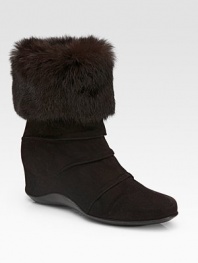 EXCLUSIVELY AT SAKS. Banded weatherproof suede with inside rubber wedge and luxe rabbit fur cuff. Covered inside wedge, 2 (50mm) Shaft, 8 Leg circumference, 13 Rabbit-fur cuff Weatherproof suede upper Breathable microfiber lining Rubber sole Padded insole Imported