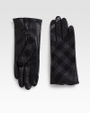 Cold weather essential revamped with buttery soft leather palms and classic check in tweed on top. About 9 long Cashmere lining Palm; leather, outer; wool Imported 