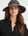 This braided style features a wide brim and a striped design. RaffiaTie backBrim, about 4Imported 