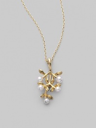 From the Olive Collection. A delicate bough of 18k gold, sprinkled with tiny white Akoya pearl olives on a graceful gold chain. 3.75mm-4.5mm white round cultured pearls Quality: A+ 18k yellow gold Chain length, about 18 Pendant drop, about 1¼ Spring ring clasp Imported