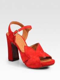 Vibrant suede with flower-inspired straps and a peep toe. Self-covered heel, 4 (100mm)Island platform, 1 (25mm)Compares to a 3 heel (75mm)Suede upperLeather liningLeather and rubber solePadded insoleImportedOUR FIT MODEL RECOMMENDS ordering one half size up as this style runs small. 