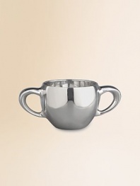 Heirloom-quality and perfect for engraving, the two-handle cup is handcrafted in lustrous alloy metal that makes it a perfect display amid baby photos and other childhood mementos. tarnish resistant Can be heated or chilled in the freezer 7-ounce capacity Hand wash 2½H X 5½ diam. Imported 