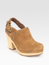 Studded suede staple with a wooden heel and platform, updated by an adjustable braided leather slingback for a secure fit. Wooden heel with suede insert, 4 (100mm)Wooden platform with suede insert, 1 (25mm)Compares to a 3 heel (75mm)Suede upperLeather liningRubber solePadded insoleImported