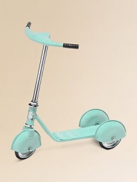 A retro-look, pressed steel scooter with sleek chrome wheels is designed for kids ages 3 to 5. Safe and durable; 9lbs Stands upright on 3 wheels Adjustable handlebars Rubber tires Adult supervision required Quick assembly 9W X 25H X 23L Non-toxic, child safe coating Imported