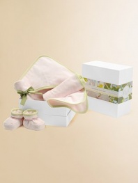 A set that's sure to delight a new mom in pure, organic terry packaged in a reusable gift box. Set includes baby hooded towel, multi-use cloth, baby washcloth and a pair of booties. Towel, 30 square Multi-use cloth, 16 X 30 Washcloth, 9 square Booties, 0-6 months Organic cotton terry velour with cotton knit binding; machine wash Imported