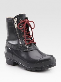 Rustic leather and rubber combo with a lace-up front and unique outer zipper. Rubber heel, 1 (25mm)Rubber and leather upperSide zipperPolyester liningRubber solePadded insoleImported