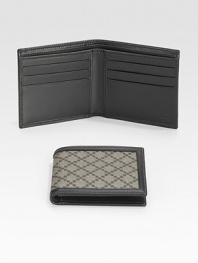 A classic wallet in signature diamante-plus fabric with leather trim and interior. Two bill compartments Six card slots 4.3W X 3.8H Made in Italy 
