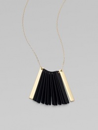 Black-finished strips hang together in a tapered fan shape, creating drama in this stunning pendant on a delicate chain.Black finishingGoldtone, brass and goldplatingLength, about 27½Slip-on stylingMade in USA