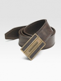 Gently distressed calfskin leather with a logo shield buckle. About 1½ wide Leather Made in Italy 
