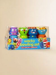 Bowling gets even better with this set featuring mix-and-match pins with kooky faces.Six squeezable pinsTwo jingling ballsSuitable for infants 18 months and upImported