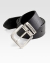 Slightly textured buffalo leather with logo detail and smooth metal buckle.Buffalo LeatherAbout 1½Imported