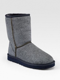 Infused with signature shearling lining, this denim-like painted suede design has shearling trim and a rubber sole for traction. Shaft, 8Leg circumference, 14Shearling and painted suede upperPull-on styleShearling liningRubber solePadded insoleImported