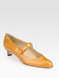 EXCLUSIVELY AT SAKS.COM. A demure heel lends vintage charm to this sleek Mary Jane style of classic patent leather.Stacked heel, 1¼ (30mm) Button strap Leather lining and sole Padded insole Made in Italy