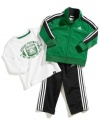 Keep him running in high gear with this three-piece track outfit from adidas.