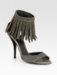 Boho fringe ankle strap adds dynamic movement to this stunning suede silhouette. Stacked heel, 4½ (115mm)Suede upperBack zipperLeather lining and solePadded insoleMade in Italy