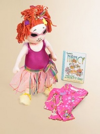 This 29 tall doll has a painted face and purple and red yarn hair, topped by an embroidered gold lamé crown, in a purple glitter pink bodysuit and a sparkly tulle skirt with check waistband. Yellow fur shoes with ties that wrap around her ankles, a necklace of felt flowers, pink velour sunglasses with dotted bows complete her fancy look.Standing height, 29 Cotton and tricot Dry clean Recommended for infants and olderImportedPlease note: PJ and book set sold separately. 