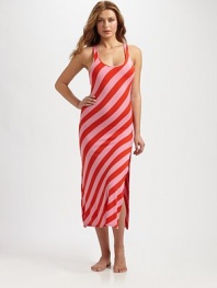 Flirtatious contrasting stripes hug every curve on this retro-inspired design with a sexy side slit. Scoopneck with built-in shelf braSleevelessSide slitRacerbackAbout 52 long96% rayon/4% spandexMachine washImported