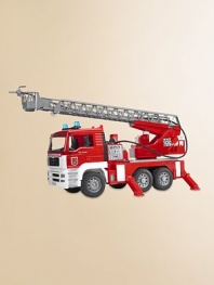 Incredibly realistic 1:16 scale model provides hours of imaginative play, with extension ladder, water pump, lights and sirens plus opening doors, lift-up hood displaying engine block and folding side mirror.Plastic About 18½L X 7W X 9½H Recommended for ages 4 and up Requires AAA batteries, not included Made in Germany