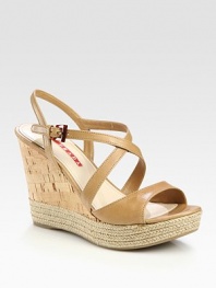 EXCLUSIVELY AT SAKS. Leather criss-cross design with cork wedge and espadrille platform. Cork and hemp wedge, 4 (100mm)Cork and hemp platform, 1 (25mm)Compares to a 3 heel (75mm)Leather upperLeather liningRubber solePadded insoleImported
