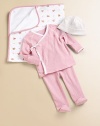 An adorable kimono-style top and pant set in soft cotton jersey.V-neckLong sleevesWrap front with ribbon tieSnap closure at hemElastic waistbandCottonMachine washImported Please note: Number of snaps may vary depending on size ordered. 