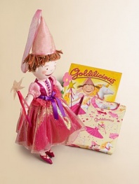 A 18 cloth doll with brown eyes, pink circles on her cheeks, a big pink smile and Tosca yarn pigtails and bangs. Dressed in a princess frock with magenta and light pink bodice, an iridescent pink over skirt and full puffed sleeves, the doll is finished with a pink satin hennin, princess hat, an attached veil, ballet slippers and satin star ward.Standing height, 18 Cotton and tricot Dry clean Recommended for infants and older Imported