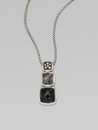 From the Chiclet Collection. A graduated design with cool hemitite, dark black onyx and dazzling diamonds in blackened sterling silver on a box link chain.Hemitite and black onyxDiamonds, .12 tcwBlackened sterling silverLength, about 17 to 18 adjustable Pendant size, about 1½Lobster clasp closureImported 
