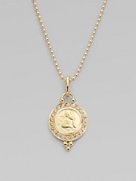 A classic cherub, sweetly embossed on a disc of gleaming 18k yellow gold, surrounded by sparkling pavé diamonds. Diamonds, 0.22 tcw 18k yellow gold Length, about ¾ Diameter, about ½ Spring ring clasp Imported Please note: Necklace sold separately.