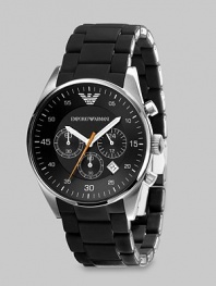 A timeless look with a modern touch, designed in solid stainless steel with three-eye chronograph functionality and a silicon-wrapped bracelet Quartz movement Water-resistant to 5ATM/50m Stainless steel case, 43mm, 1.69 Ceramic bracelet, 23mm wide, .91 Sapphire crystal Black dial Date display Imported 