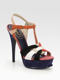 Vibrant, multicolored suede slingback with an adjustable t-strap and an island platform. Self-covered heel, 5½ (140mm)Island platform, 1½ (40mm)Compares to a 4 heel (100mm)Suede upperLeather lining and solePadded insoleMade in ItalyOUR FIT MODEL RECOMMENDS ordering one half size up as this style runs small. 