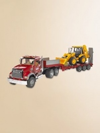Incredibly realistic 1:16 scale model provides hours of imaginative play, with flatbed truck, loading trailer with fold-down ramp, Caterpillar bulldozer backhoe plus opening doors and lift-up hood displaying engine block.Plastic Truck, about 36¾L X 7¾W X 10½H Backhoe, about 20½L X 6¼W X 7¼H Recommended for ages 3 and up Made in Germany