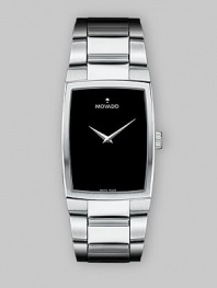 From the Eliro Collection. Elegantly understated, with a subtly curved case and smart link bracelet of stainless steel, plus a simple black dial. Swiss quartz movement Water-resistant to 3ATM Stainless steel bezel Rectangular stainless steel case; 38mm long (1.5) Black dial One silvery hour marker at 12:00 Stainless steel link bracelet; 20mm wide (.79) Made in Switzerland