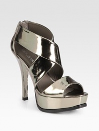 Polished metallic leather with an island platform, back zipper and sky-high heel. Self-covered heel, 5 (125mm)Island platform, 2 (50mm)Compares to a 3 heel (75mm)Metallic leather upperLeather liningRubber solePadded insoleImported