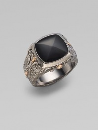 A bold signet ring of sterling silver with an inlay of faceted black onyx and graceful shank carvings with rose goldplated accents.Black onyx Sterling silver Rose goldplating Width, about 1 Imported