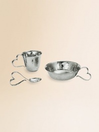 Finding inspiration from the imagery that floats around classic storytelling, this heirloom collection of hand-forged, hammered stainless steel is destined to remain in the family for generations to come. Set includes a cup, bowl and spoon and arrives in a black gift box. From the Heart CollectionBox, 10W X 6¼H X 3½DCup, 2½H X 3½ diam.Bowl, 4½H X 6 diam.Spoon, 4 longHand washImported