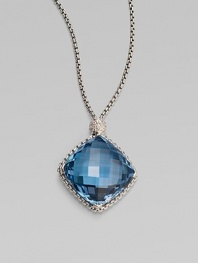 From the Cushion on Point Collection. A box-link chain of sterling silver proudly holds a faceted cushion of Hampton blue topaz, connected by a shimmering pavé diamond bead. Blue topaz Diamonds, 0.17 tcw Sterling silver Chain length, about 17 Pendant, about ¾ square Lobster clasp Made in USA